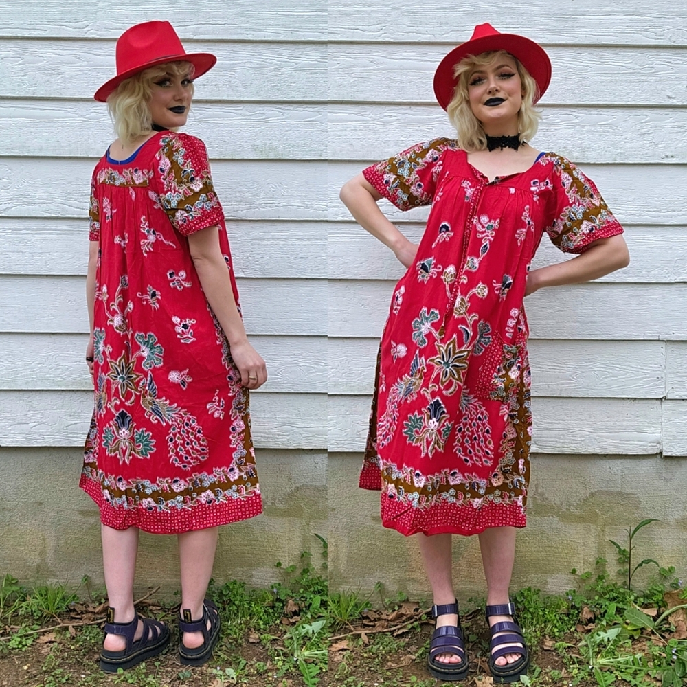 Vintage Indian Red Floral Spring Summer Casual Hippie Boho Sun Dress